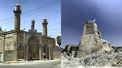 LEFT: The Great Mosque of Al Nuri in Mosul pictured in July 2014. EPA. RIGHT: The destroyed Al Hadba minaret at the Great Mosque of Al Nuri in Mosul's Old City. July 20, 2017. Thaier Al Sudani / Reuters