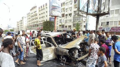 A car bomb exploded in Madram Street in the Al Mualla area of Aden on July 31, 2018, injuring three people including its occupants. Photo by Ali Mahmood