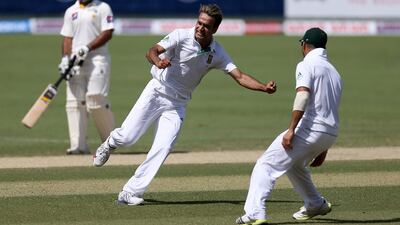 Imran Tahir of South Africa celebrates the wicket of Adnan Akmal. Pawan Singh / The National