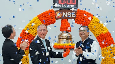 (From left) Euisun Chung, executive chairman of Hyundai and chief executive, Hyundai Motor Group, and Ashishkumar Chauhan, managing director and chief executive of the National Stock Exchange of India during the listing ceremony of Hyundai Motor India at NSE. Reuters