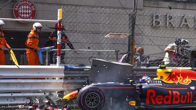 Dutch Formula One driver Max Verstappen of Red Bull Racing crashes during the qualifying session at Monte Carlo circuit in Monaco, 28 May 2016. The 2016 Formula One Grand Prix of Monaco will take place on 29 May 2016. EPA/ZORAN ZIVKOV