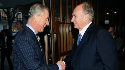 Britain's Prince Charles is greeted by the Aga Khan in London on November 18, 2010. Reuters