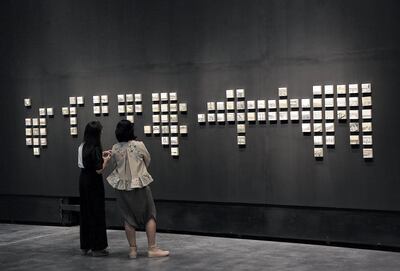 Artist Saba Qizilbash's "Land Marks 2018" Graphite on paper mounted on wood blocks at the Al Serkal Avenue in Dubai. Satish Kumar / The National