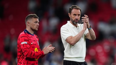 England manager Gareth Southgate and Kieran Trippier after the friendly defeat against Iceland at Wembley Stadium on June 7, 2024
