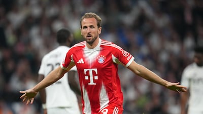 Harry Kane celebrates scoring Bayern Munich's second goal in their 2-1 Champions League quarter-final first-leg win over Real Madrid. Getty Images