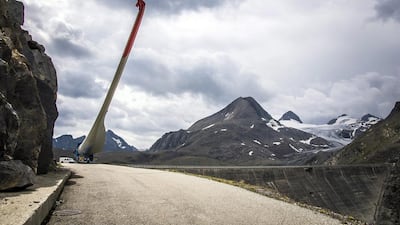 A wind turbine blade transported to the Griessee lake site. The blades are 45 metres in length. Olivier Maire / EPA