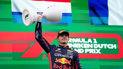Red Bull's Max Verstappen celebrates after his record-equalling win at the Dutch Grand Prix. PA