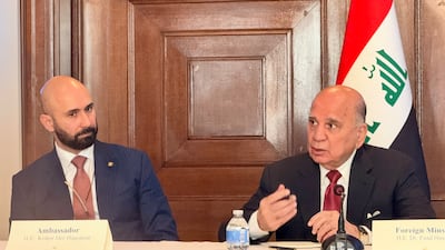 Iraq's Ambassador to the US Krikor Der-Hagopian and Iraqi Foreign Minister Fuad Hussein at the Iraqi embassy in Washington on October 1. Thomas Watkins / The National