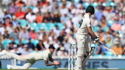 Australia batsman Steve Smith looks back as England's Ben Stokes catches him out for 23 - the first time he has failed to make a half century this summer. PA