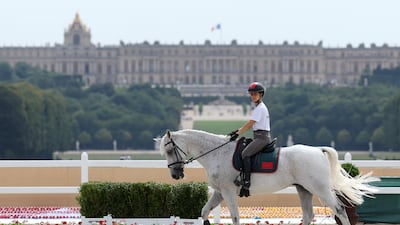 Noor Slaoui and horse Cash In Hand of Team Morocco practise for the dressage at Versailles on July 25, 2024. Getty Images