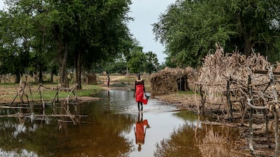 A woman walks between abandoned shelters in Majak Awar village, Northern Bahr El Ghazal state, South Sudan, where some 100 families have been displaced twice by floods in four months. All photos AP