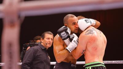 Mourad Bouzidi, left, vs Dustin Jacoby. Bouzidi won a points decision. Victor Besa / The National