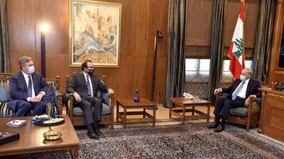 Lebanon's Parliament Speaker Nabih Berri, right, meets with US envoy David Schenker, centre, and US ambassador to Algeria John Desrocher in Beirut on October 15, 2020. AFP
