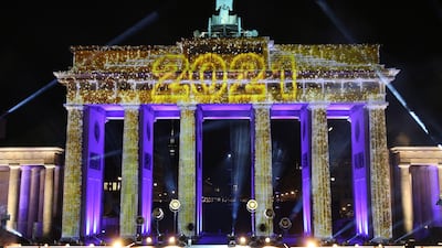 The Brandenburg Gate, without a live audience, for the New Year's Eve "Willkommen 2021" performance in Berlin, Germany. Getty Images