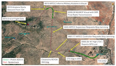 A preliminary report from the US National Transportation Safety Board includes a map showing how a recent flight was likely impacted by GPS jamming. Photo: NTSB