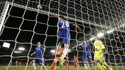 Manchester City's Vincent Kompany (not pictured) heads against the crossbar. John Sibley / Reuters