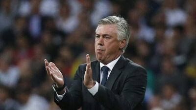 Real Madrid manager Carlo Ancelotti reacts during his side's win over Atletico Madrid in the Champions League quarter-final second leg on Wednesday. Juan Medina / Reuters / April 22, 2015