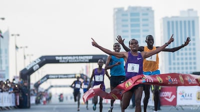 Birhanu Legese of Ethiopia was the first to cross the finish line at the 2016 RAK Half Marathon followed by Stanley Beyott and Nguste Falidat. Natheer Halawani / The National