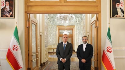 Iranian deputy foreign minister Ali Bagheri, right, with the EU's top negotiator Enrique Mora in Tehran on Wednesday. Photo: Iranian Foreign Ministry / AFP