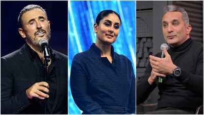 From left: Iraqi singer Kadim Al Sahir, Bollywood actress Kareena Kapoor Khan and Egyptian comedian Bassem Youssef will appear at the 2023 Sharjah International Book Fair. AFP, Alamy