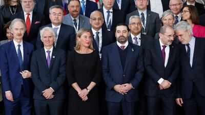 Geir Pedersen, Special Envoy for Syria of the UN, Mark Lowcock, UN Under-Secretary General for Humanitarian Affairs and Emergency Relief Coordinator, European Union Foreign Policy chief Federica Mogherini, Lebanese Prime Minister Saad Hariri, Jordan's Minister of Foreign Affairs Ayman Safadi and EU Commissioner for Humanitarian aid and Crisis management Christos Stylianides at the Supporting the Future of Syria and the Region conference in Brussels, Belgium, 14 March 2019. EPA