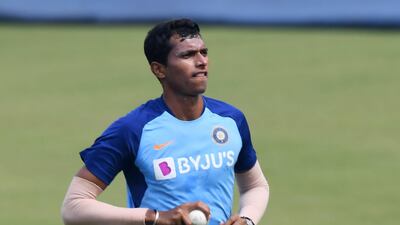India pacer Navdeep Saini takes part in a training session at the Barabati Stadium in Cuttack on Saturday on the eve of the third ODI against the West Indies. AFP