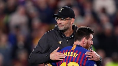Barcelona's Lionel Messi is congratulated by Liverpool manager Jurgen Klopp, who called the Argentine 'unstoppable'. Manu Fernandez / AP Photo