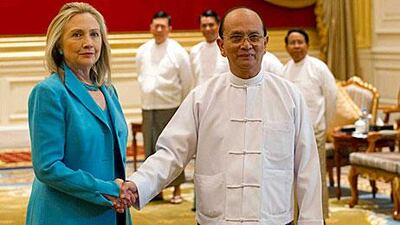 Hillary Clinton, the US secretary of state, meets Thein Sein, the Myanmar president, yesterday.