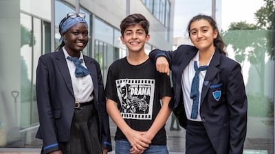 Gems Metropole School pupils Foj Obac,Mikail Sheikh and Aya Adib recently took part in an anti-bullying week at the school. Antonie Robertson/The National