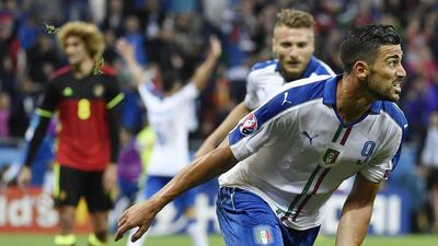 Italy’s Graziano Pelle celebrates after scoring his team’s second goal during the Euro 2016 group E football match between Belgium and Italy at the Parc Olympique Lyonnais stadium in Lyon on June 13, 2016. Jeff Pachoud / AFP