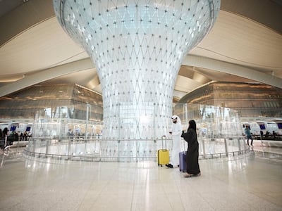 Sana Al Nour, the vase-like art installation is inspired by Islamic architecture used in traditional barjeel wind towers and is one of the largest public artworks in the Middle East. Photo: Abu Dhabi Airports