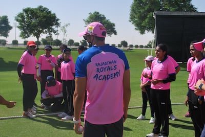Rajasthan Royals Academy UAE director Graeme Cremer with players at their facility in Dubai. Courtesy Rajasthan Royals Academy UAE