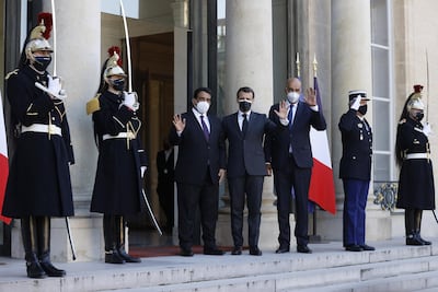 Libyan leaders Mohamed Menfi and Musa Al Koni were welcomed at Elysee Palace by French President Emmanuel Macron. EPA