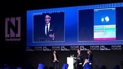 From left: National deputy editor Mustafa Alrawi, Prof Olivier Oullier and Dr Corinna Lathan discuss the potential benefits of tracking brain health. Victor Besa / The National