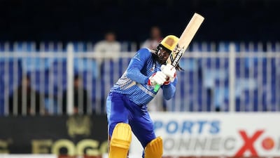 Chris Gayle of the Balkh Legends hits another 6 during the game between Kandahar Knights and Balkh Legends in the Afghanistan Premier League.