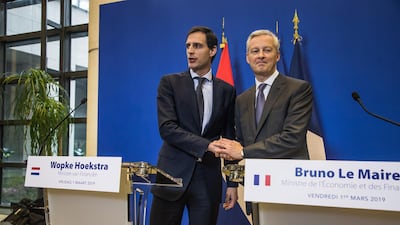 French Finance Minister Bruno Le Maire and his Dutch counterpart Wopke Hoekstra shake hands at the press conference following their meeting at the French Finance ministry in Paris on March 1. The Dutch State has acquired an interest in the Air France-KLM holding company. EPA/CHRISTOPHE PETIT TESSON.