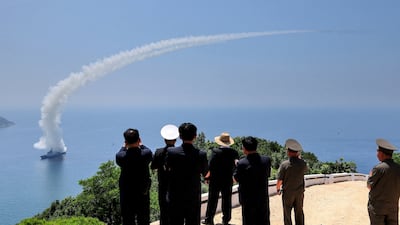 North Korean leader Kim Jong-un observes an assessment of the newly built naval destroyer Kang Kon's combat systems at an unknown location in North Korea. Reuters
