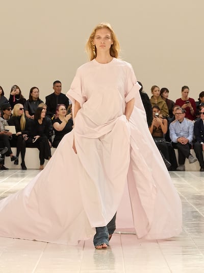 Balenciaga looked to bring couture in to everyday life, such as this T-shirt enlarged to the size of a ballgown. Photo: Balenciaga