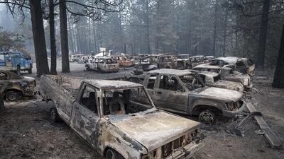 Burned-out vehicles stand in Paradise, California. Bloomberg