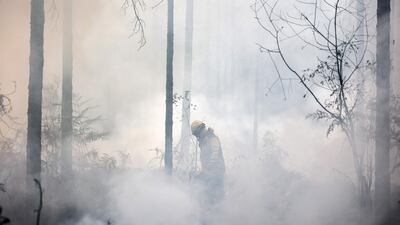 A French tactical firefighter lights a controlled fire to slow the advance of a wildfire near Belin-Belitet, south-western France. AFP
