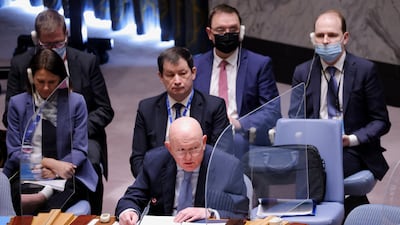 Russia's Vasily Nebenzya addresses the UN Security Council in New York. Reuters