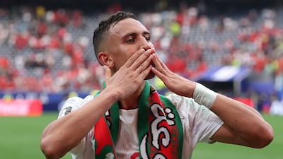 Morocco's Soufiane Rahimi celebrates after his side's 3-0 victory over Canada in Houston, Texas on Saturday. The Atlas Lions have earned back-to-back World Cup quarter-final qualifications. AFP