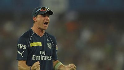 Dale Steyn, seen in celebration as a Deccan Chargers player from last season in the IPL, took two wickets and helped contain the Rajasthan batsmen tonight. Noah Seelam / AFP