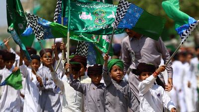 Children take part in a rally marking the birthday of the Prophet Mohammed, in Karachi, Pakistan. EPA