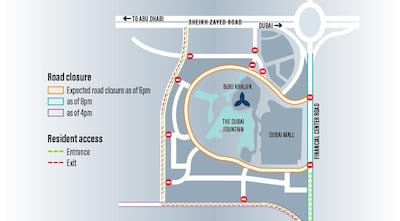 Road closures around Burj Khalifa for New Year's Eve. The National