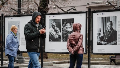 Display boards of the outdoor exhibition 'Moscow meets the first!' in Moscow celebrate the 60th anniversary of the first human flight into space. On 12 April 1961, Soviet cosmonaut Yuri Gagarin performed a space flight aboard the Vostok-1 spacecraft, orbiting Earth in 108 minutes and landing safely. EPA