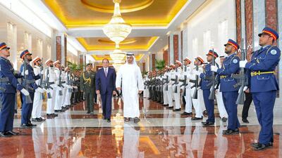 Sheikh Mohamed bin Zayed, Abu Dhabi Crown Prince and Deputy Supreme Commander of the UAE Armed Forces, bids farewell to Egyptian President Abdel Fattah El Sisi after their meeting in Abu Dhabi in 2017. AFP