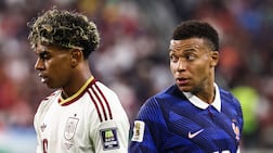 France's Kylian Mbappe with Spain's Lamine Yamal during their World Cup semi-final in Arlington. AFP