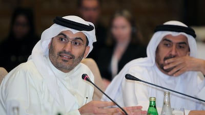 Sheikh Khaled bin Zayed, left, speaking at a workshop held by the Dubai Economic Council. Randi Sokoloff for The National