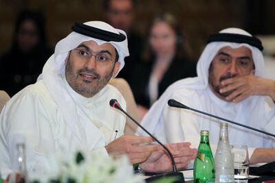 Sheikh Khaled bin Zayed Al Nahyan, left, speaking at a workshop held by the Dubai Economic Council. Randi Sokoloff for The National